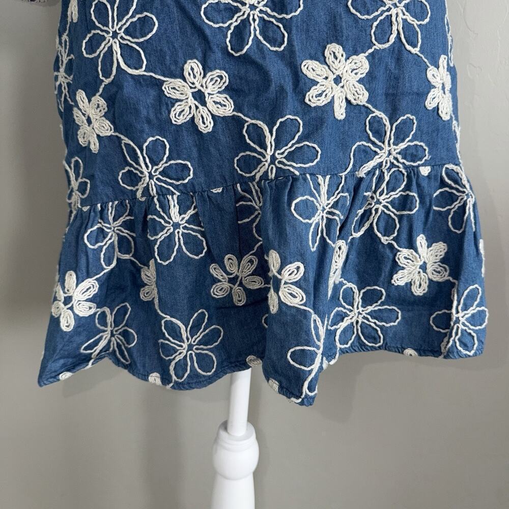 ECI Womens 6 Floral Embroidered Denim Off The Shoulder Dress Blue White Pocket - Picture 5 of 10